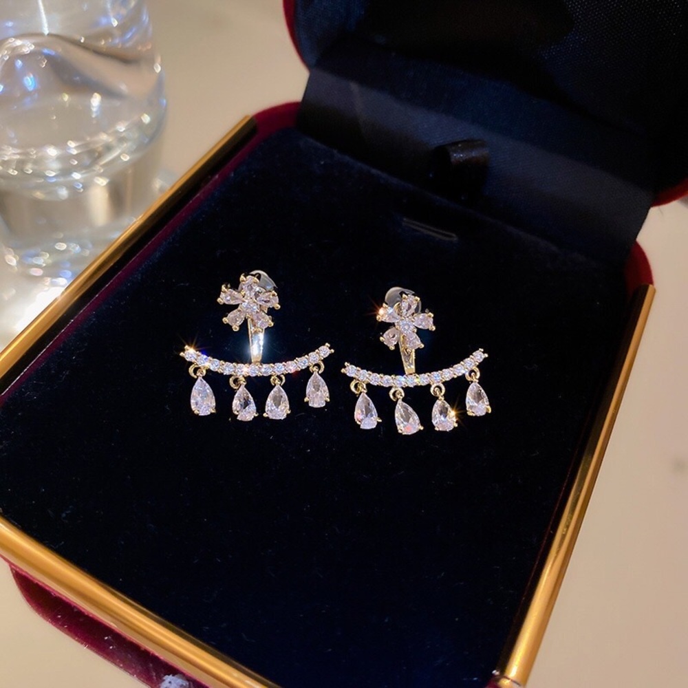 Gold Crystal Floral Drop Earrings - Sparkling Clear Stones